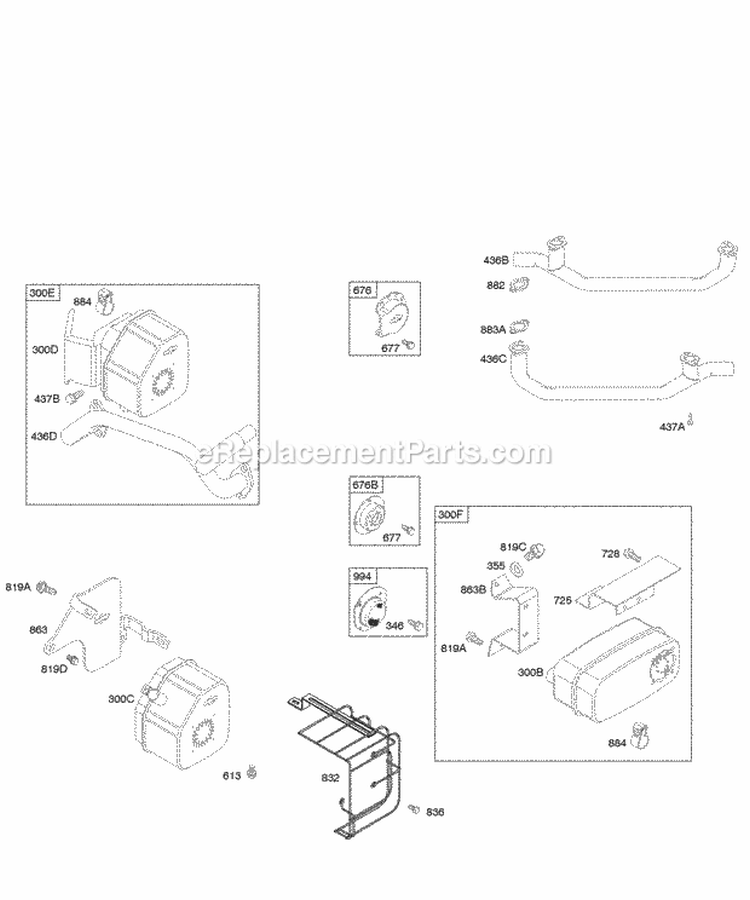 Exhaust Manifolds Mufflers Diagram and Parts List for  Briggs and Stratton Engine